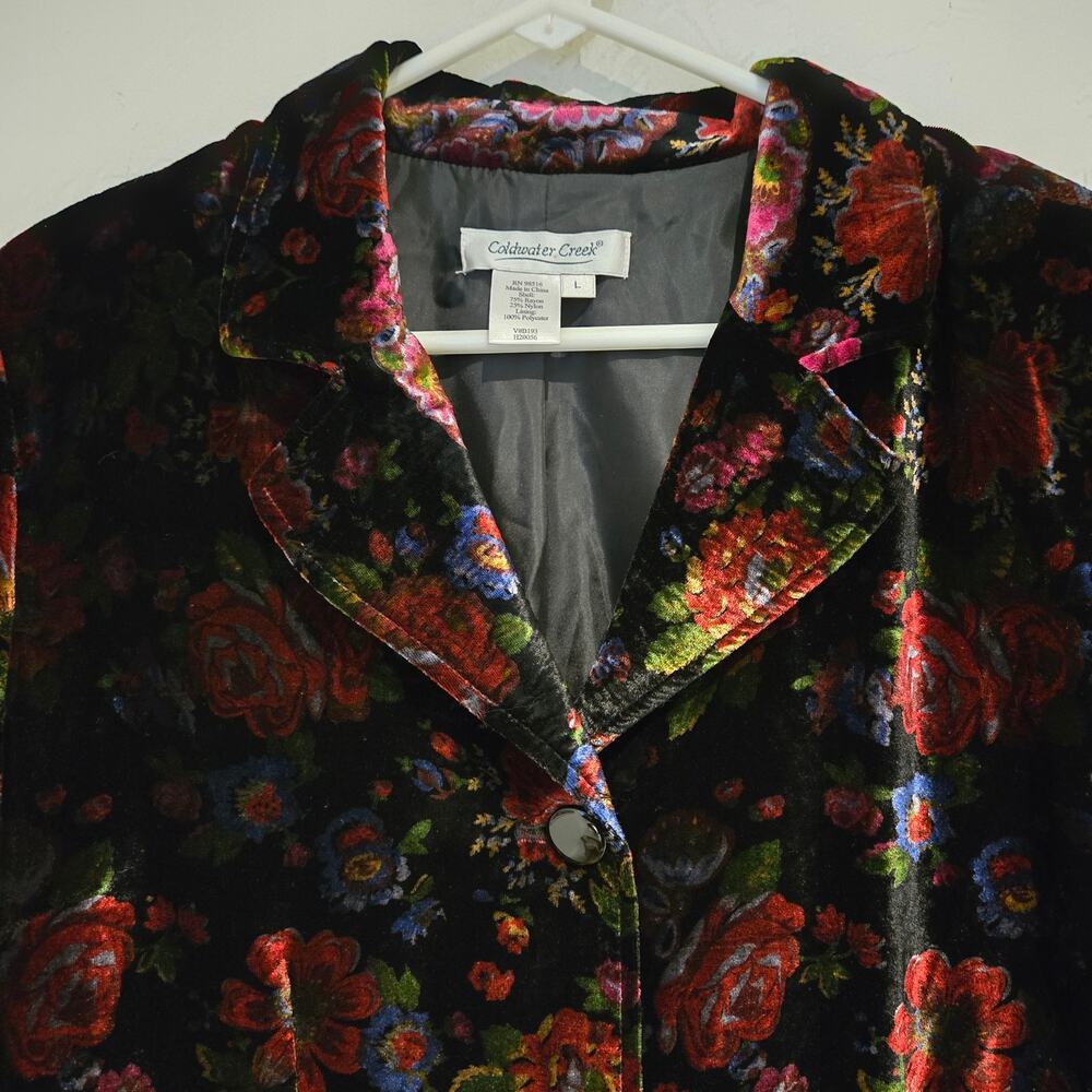 Coldwater Creek Black Floral Print Velvet Button Front Blazer Jacket, Size Large - Picture 4 of 9